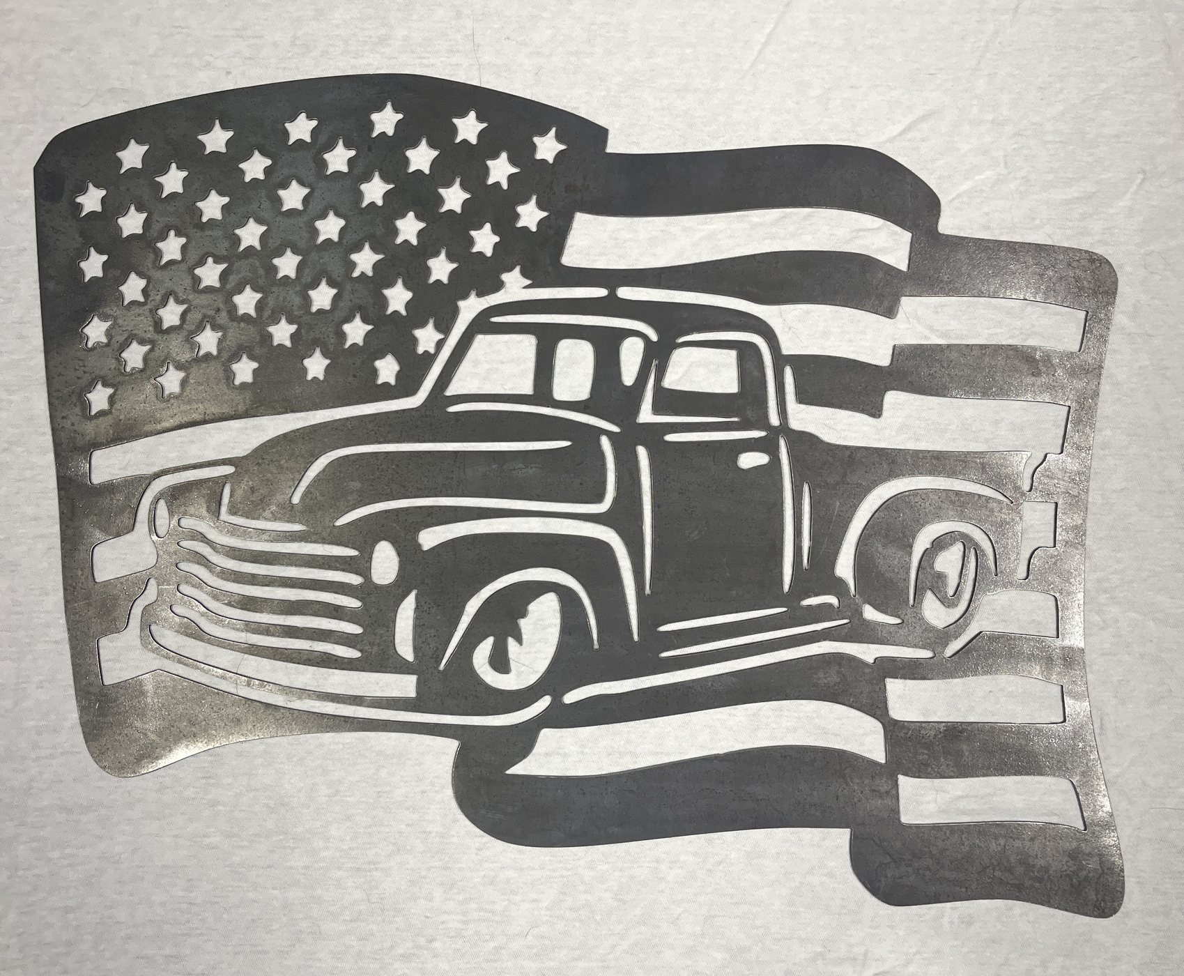 Large view of hot rod truck plasma cut American flag metal artwork