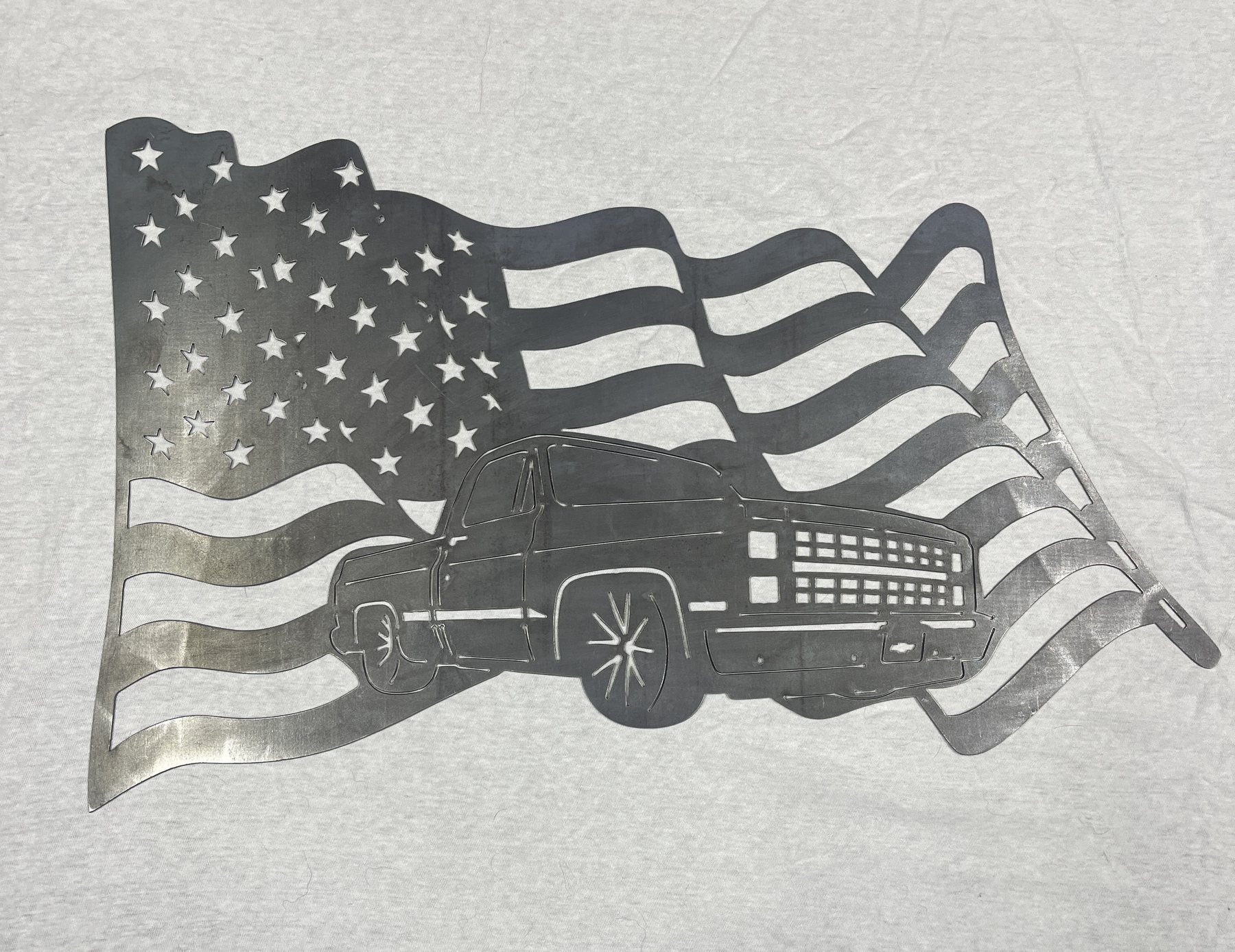 Large view of squarebody truck plasma cut American flag metal artwork