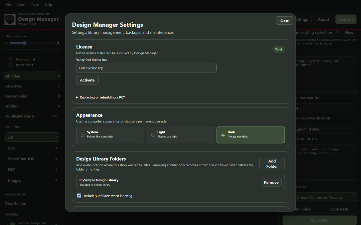 Design Manager library shown in dark appearance mode