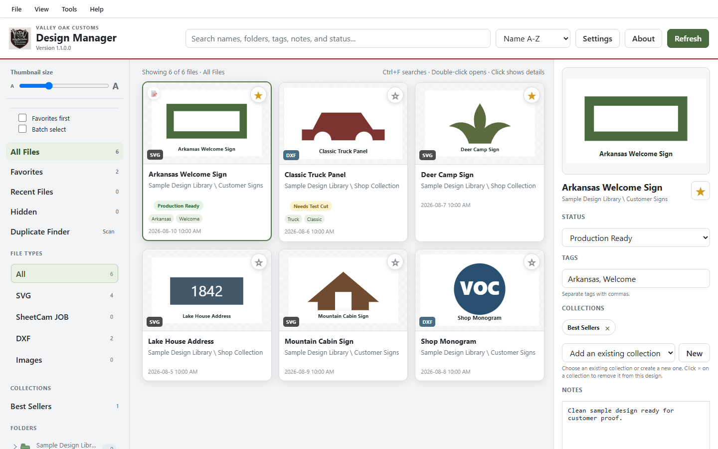 Design Manager library with file previews, search, collections, and design details