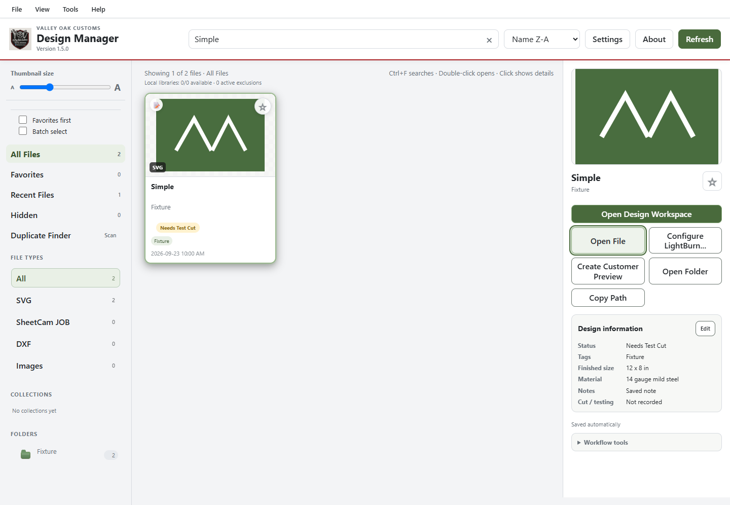 Design Manager v1.5 library with visual search, quick actions, and saved design information